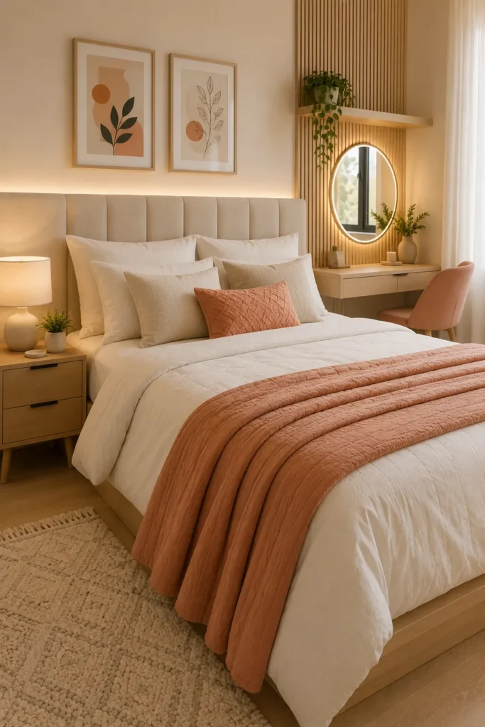 Small bedroom dresser styled with carefully curated decor creating a bright uncluttered atmosphere
