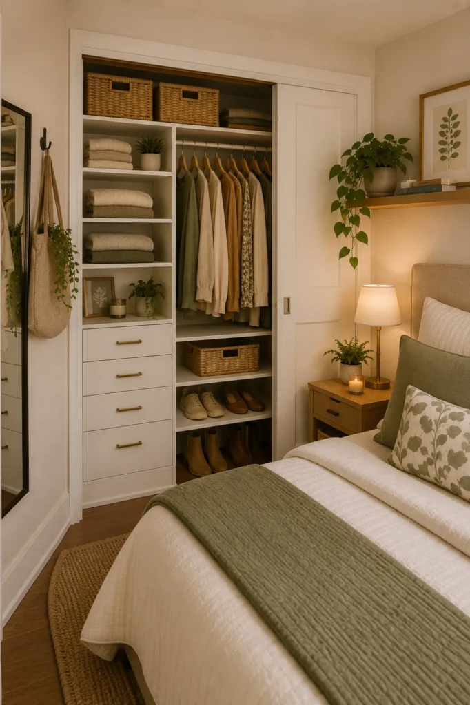 Elegant small bedroom with floor-to-ceiling built-in wardrobes creating seamless custom storage