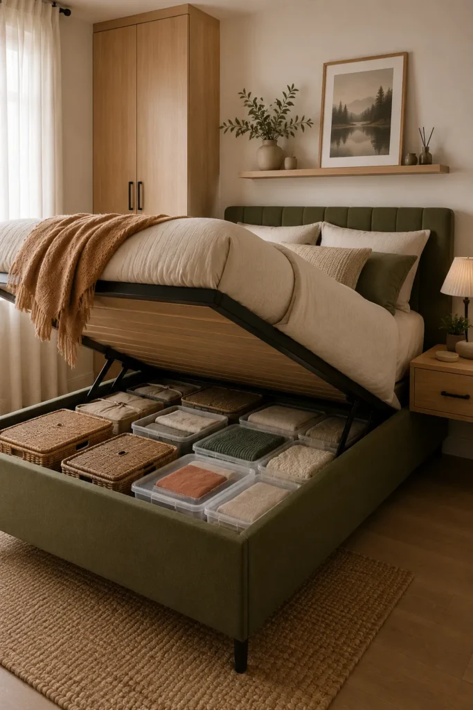 Compact bedroom with neatly organized under-bed storage bins and baskets keeping clutter hidden and accessible