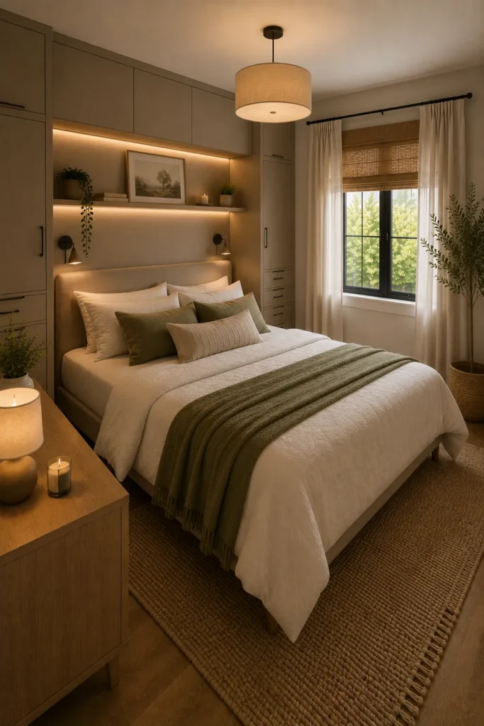Small square bedroom with a diagonal bed layout that creates visual interest and improves room flow