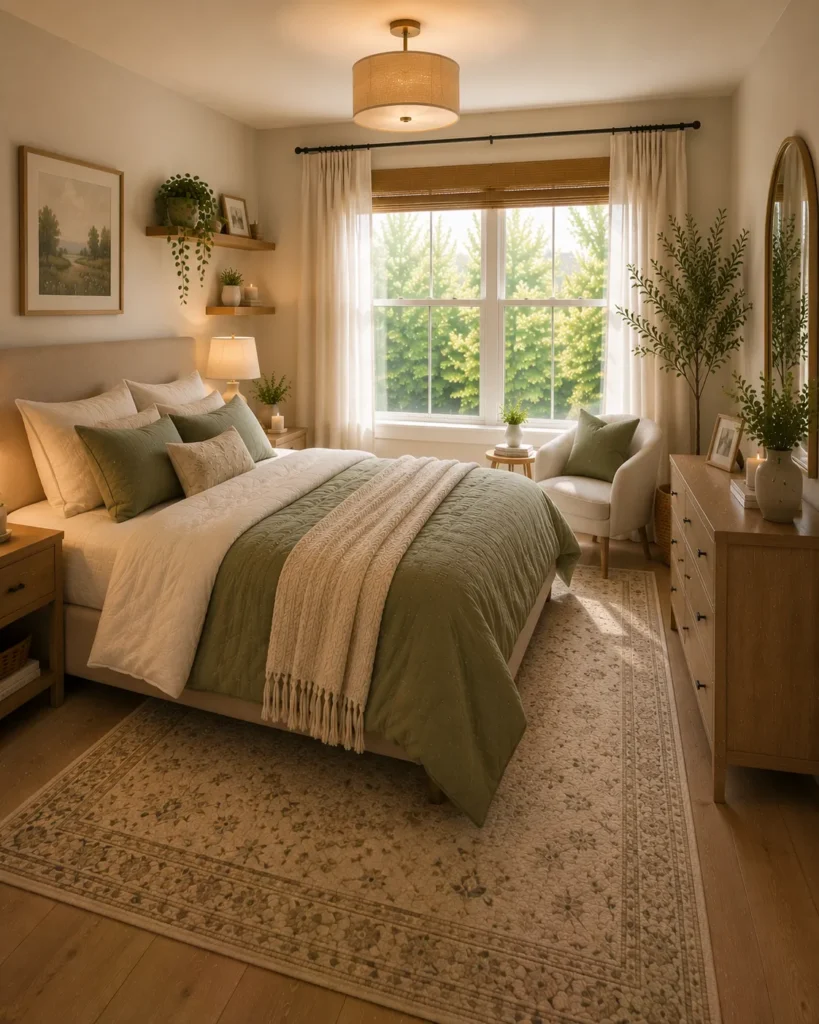 Cozy bedroom reading nook by the window featuring a compact chair and lamp in an unused corner