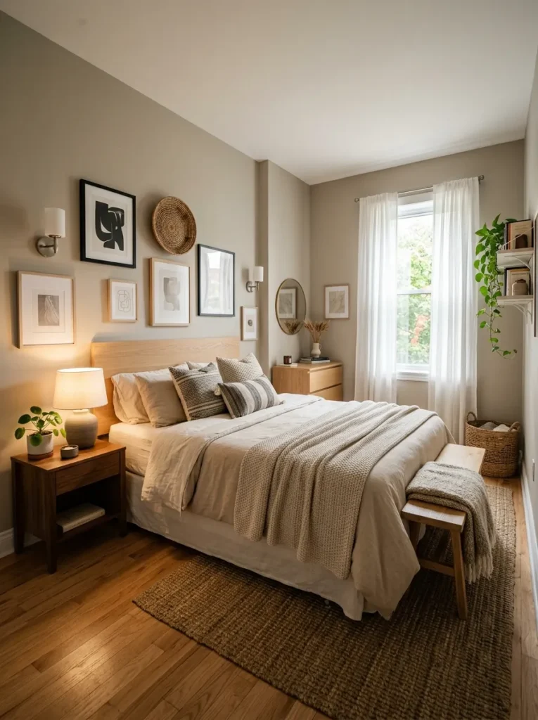 Small rectangular bedroom with the bed placed against the longest wall to improve flow and maximize usable floor space