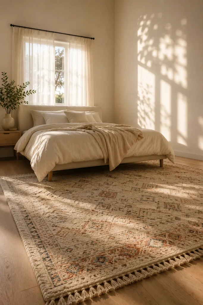 Properly sized area rug helping define the layout and style of a small bedroom