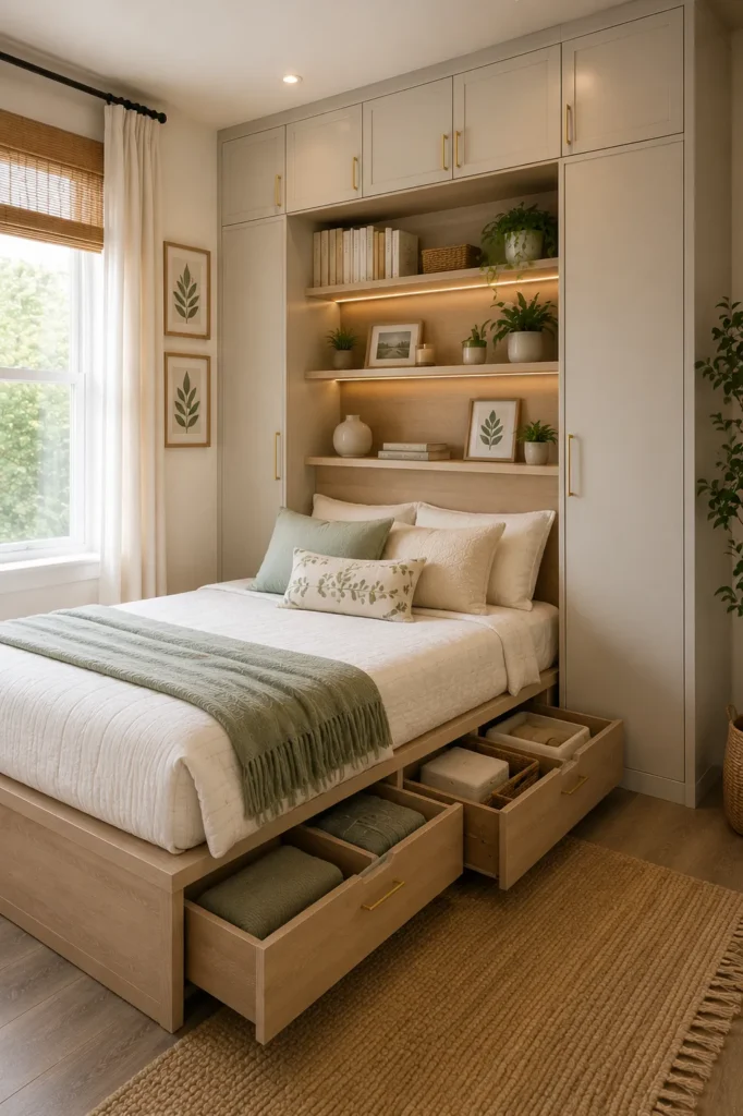 Modern bedroom with a storage headboard featuring shelves for books decor and bedside essentials