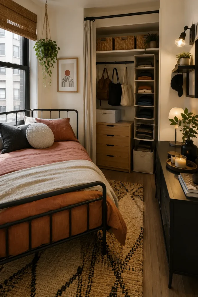 Compact bedroom corner with floating shelves holding woven baskets plants and decorative storage items