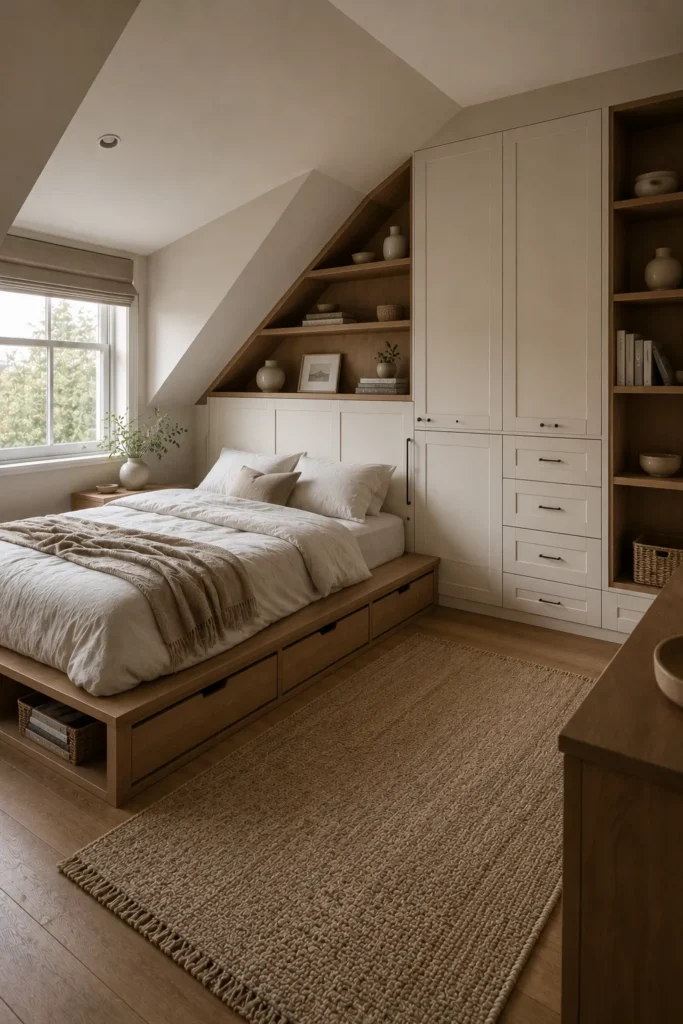 Custom built-in storage solutions maximizing every inch of space in a compact bedroom