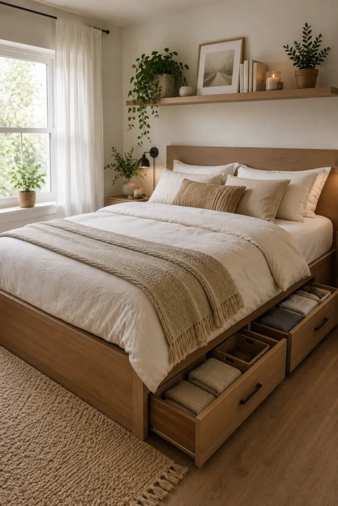 Small bedroom featuring a storage bed with built-in drawers that maximize hidden storage while maintaining a clean modern look