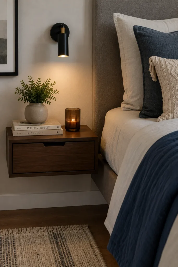 Tiny bedroom with floating oak nightstands that save floor space and create an airy modern feel