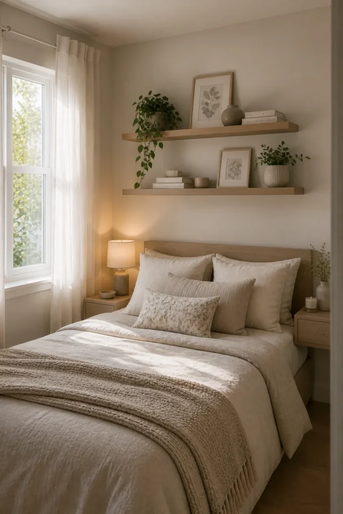 Floating shelves above the bed adding extra storage and decor without using valuable floor space
