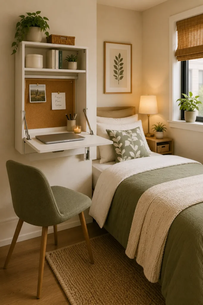 Small bedroom with a floating wall-mounted desk creating a practical workspace without using floor space