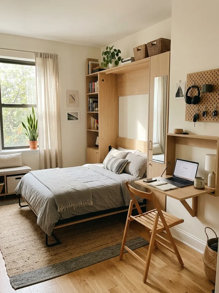 Small bedroom with foldable furniture that can be stored away to keep the layout flexible and open