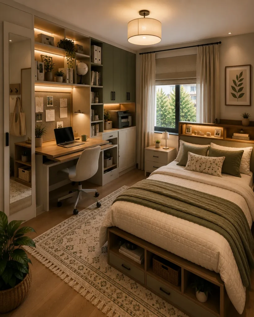 Multifunctional bedroom featuring foldable furniture that creates flexible space for daily living