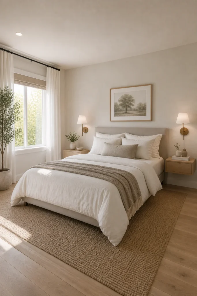 Small bedroom with ceiling-height curtains creating the illusion of taller walls and larger windows
