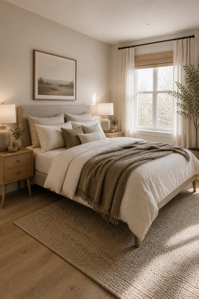 Cozy small bedroom decorated with soft white and beige paint colors that create an airy spacious feel