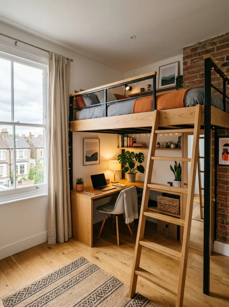 Modern loft bed in a compact bedroom with functional space underneath for storage workspace or seating