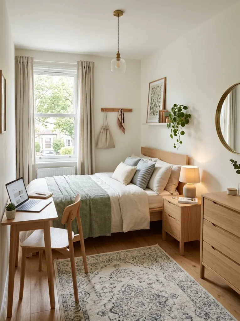 Small bedroom with perfectly scaled furniture that maintains balance and prevents the space from feeling crowded
