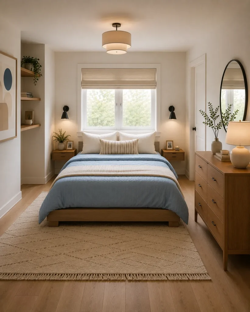 Cozy small bedroom featuring a bed centered under a window with soft natural light, creating an airy layout that makes the room feel larger and more inviting