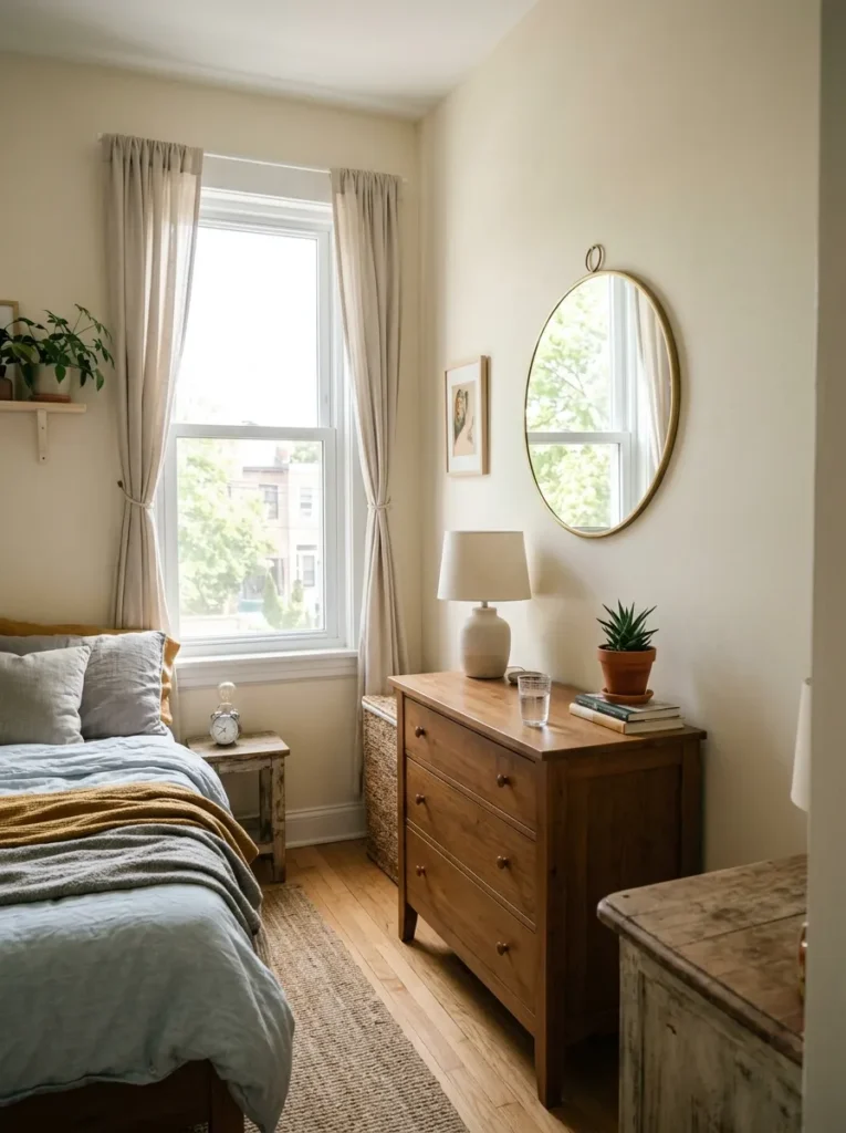 Small bedroom with a mirror placed opposite a window to reflect natural light and make the room feel larger