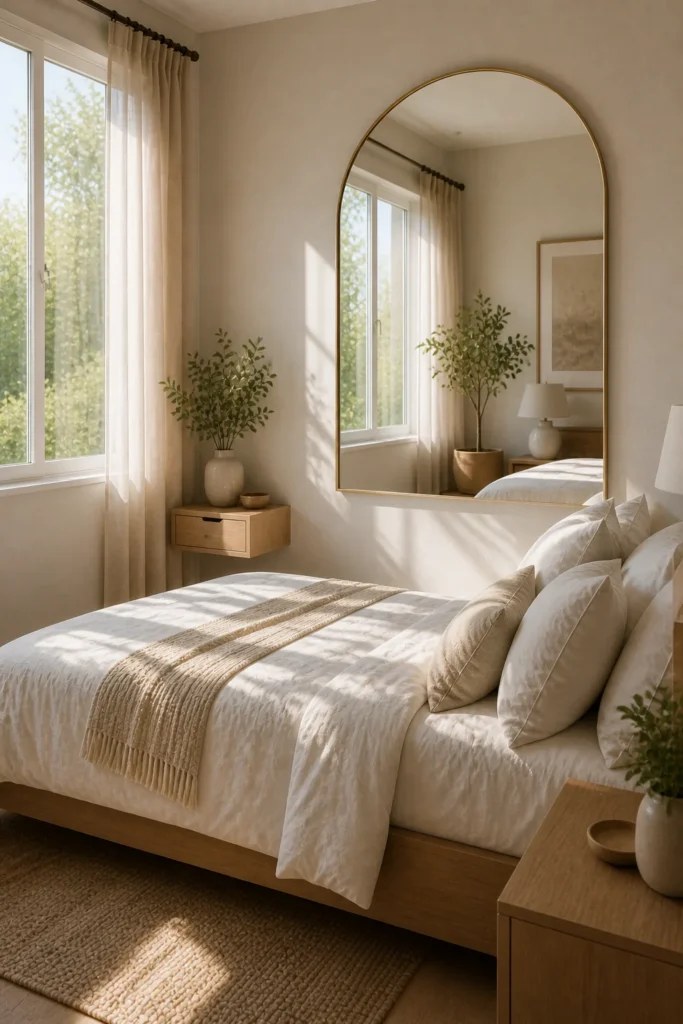 Bright small bedroom using a large mirror to reflect natural light and make the room feel bigger