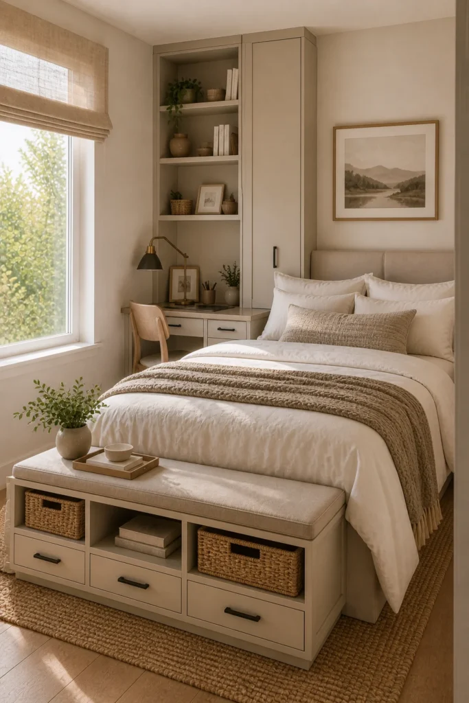 Space-saving bedroom featuring multifunctional furniture with hidden storage and practical design