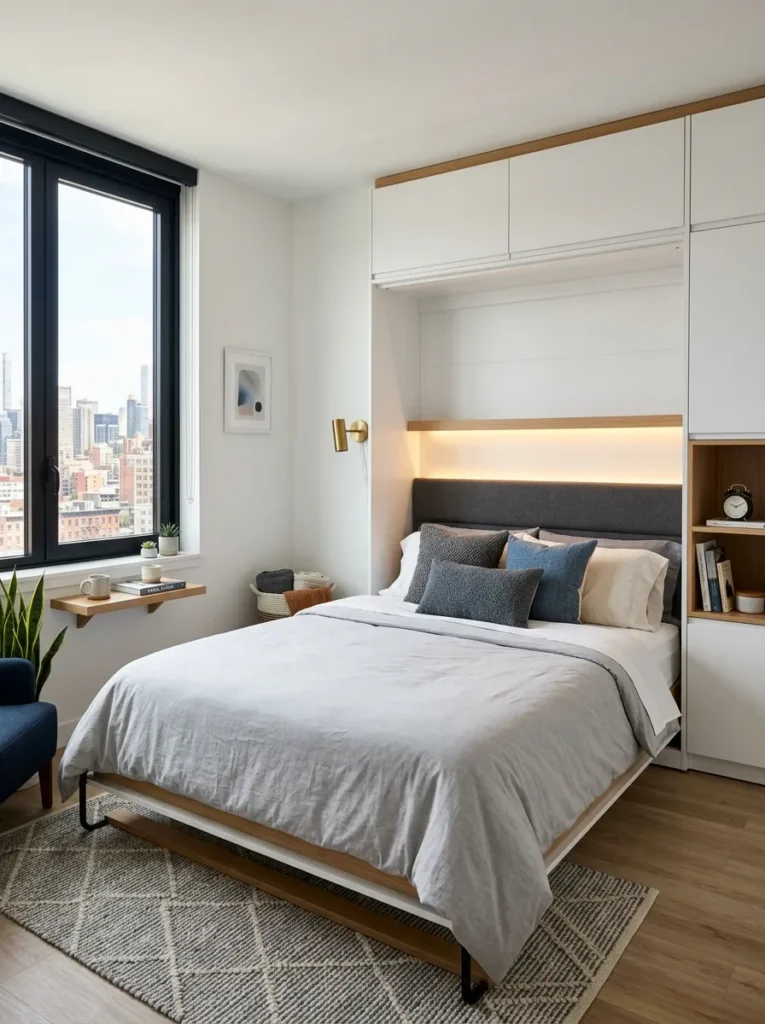 Compact apartment bedroom featuring a modern Murphy bed that folds away to maximize living space during the day