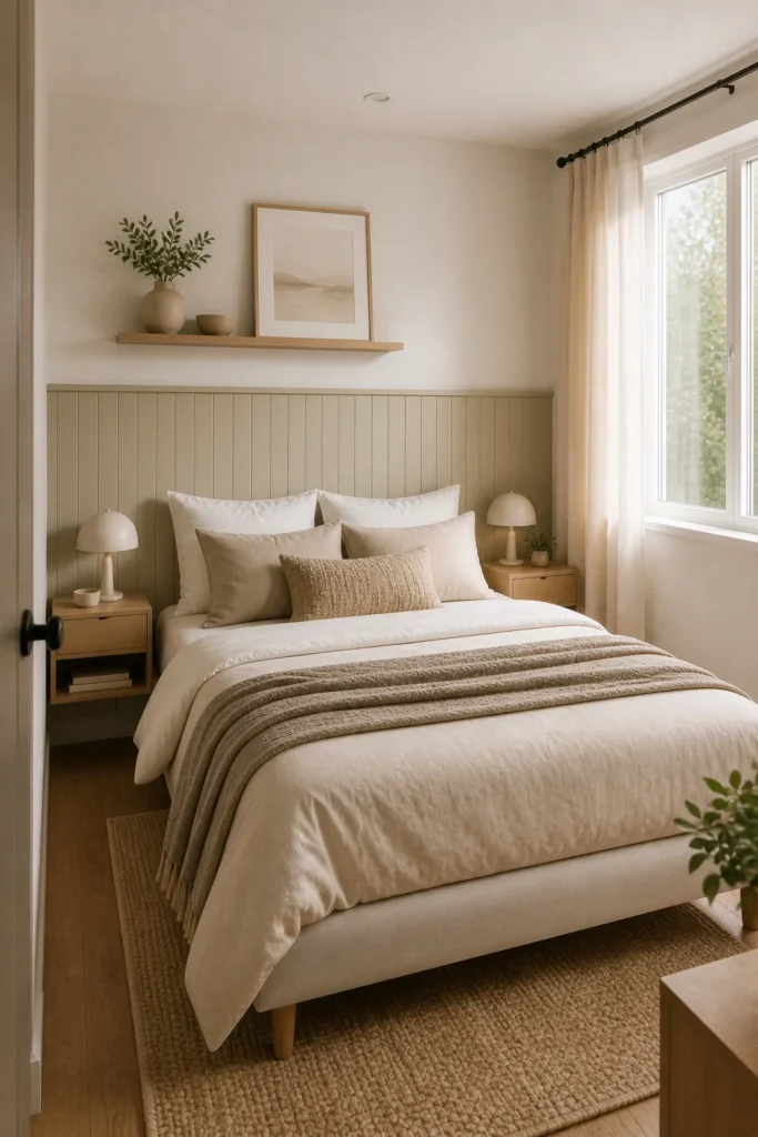 Minimalist small bedroom styled with a neutral color palette for a calm and spacious appearance