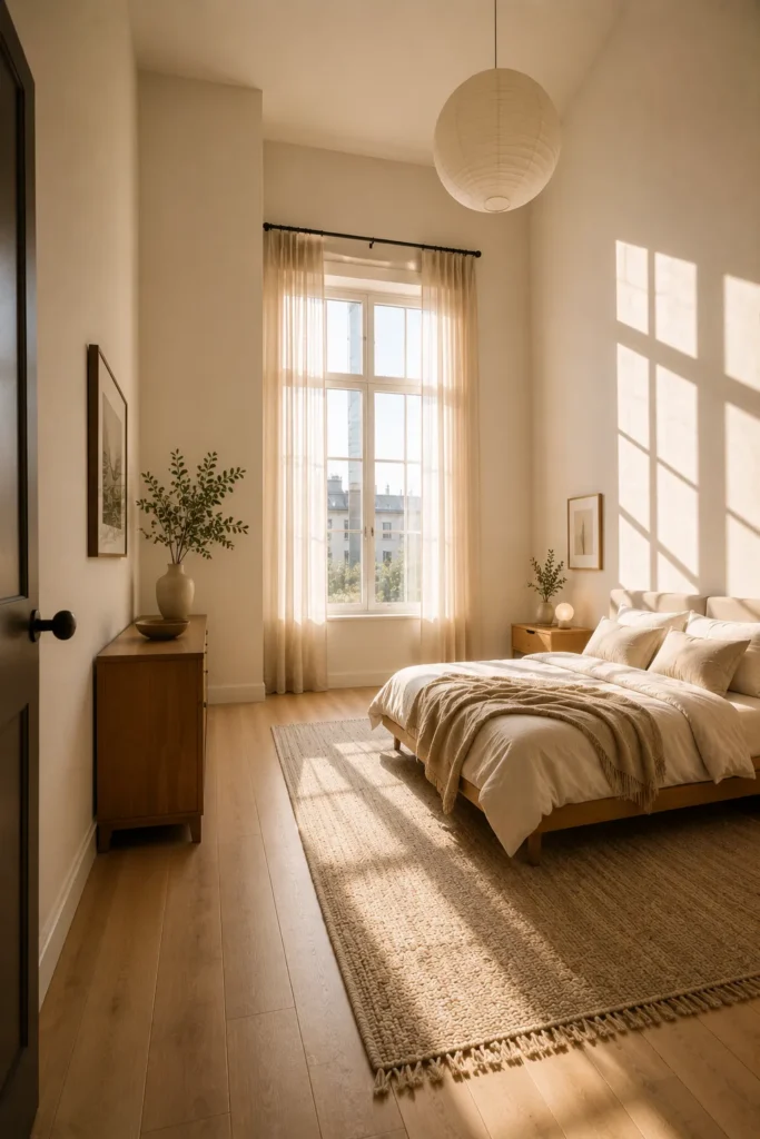 Well-organized small bedroom layout with open walking space and smart furniture placement