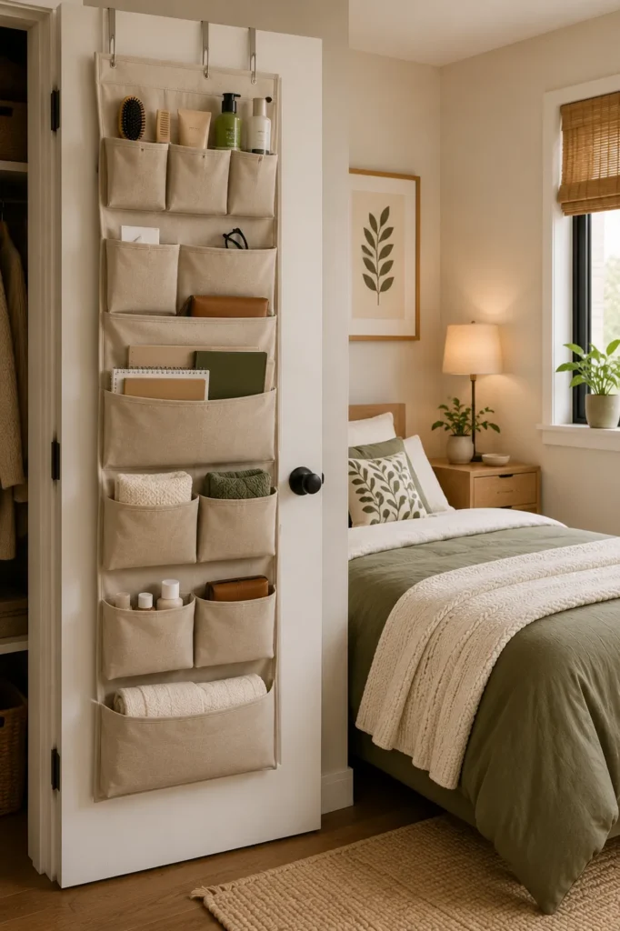 Organized bedroom using an over-the-door storage system to maximize space for everyday essentials