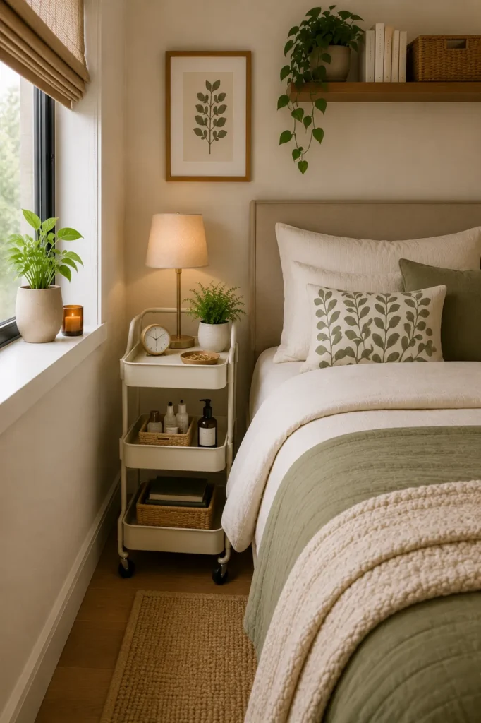 Compact bedroom with a slim rolling bedside cart storing books chargers and nighttime essentials