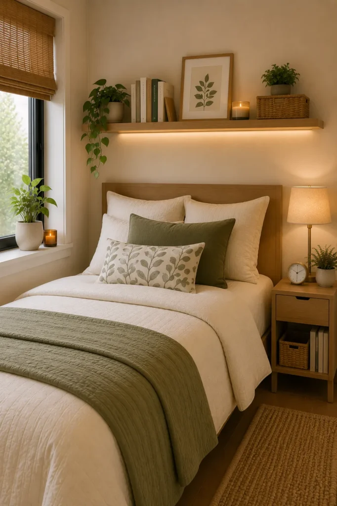 Cozy bedroom with a floating shelf above the bed styled with artwork books and decorative accents