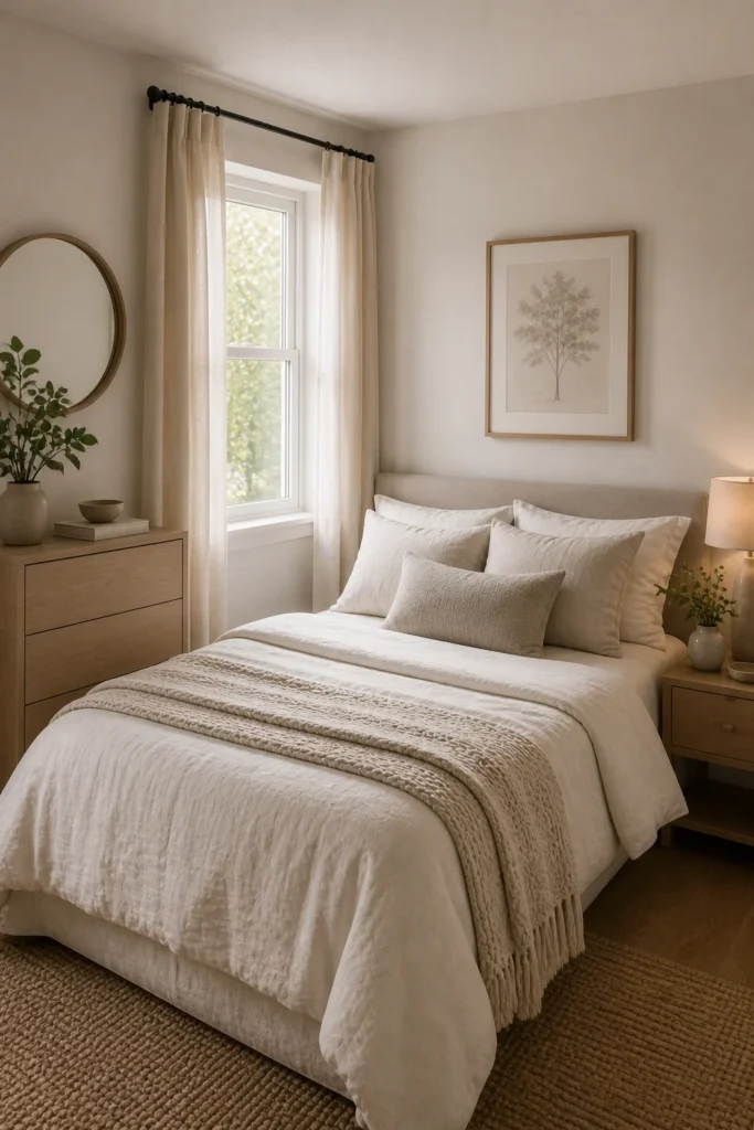 Small cozy bedroom featuring simple neutral bedding that makes the space feel larger and more relaxing