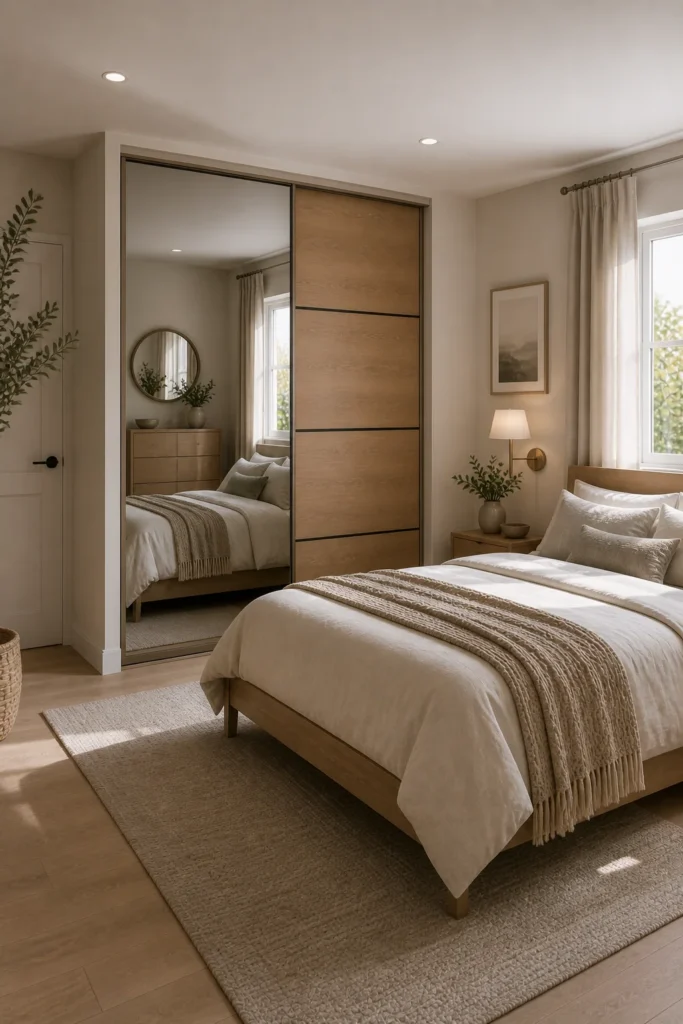 Small bedroom with sleek sliding closet doors that improve functionality and save valuable space