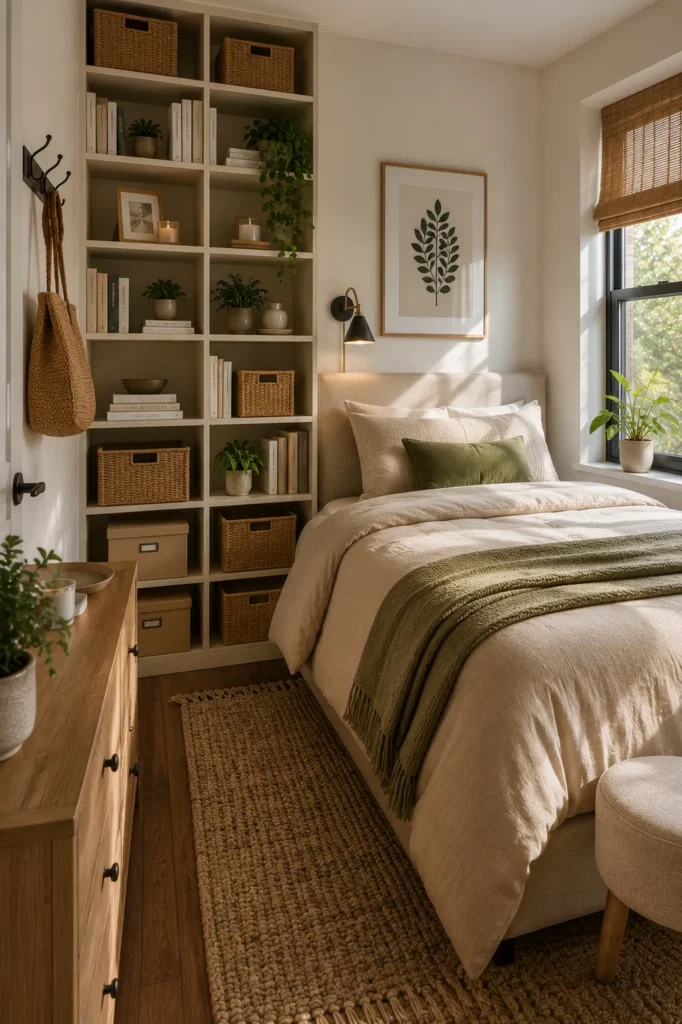 Small bedroom with tall floor-to-ceiling shelving styled with baskets books and decorative storage accents