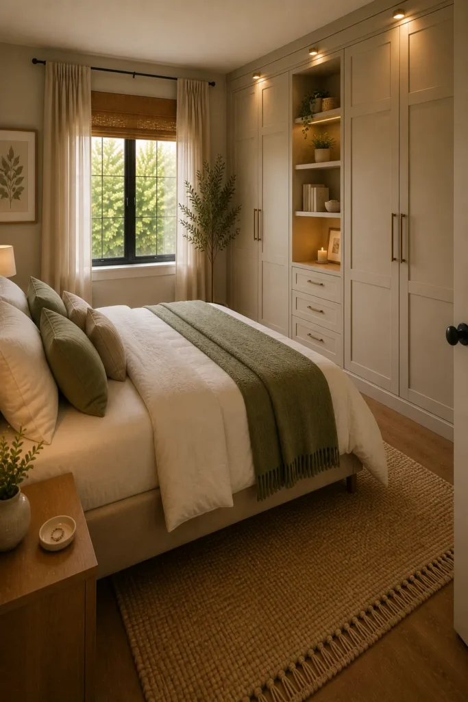Small bedroom with custom built-in wardrobes that maximize storage and create a streamlined organized look