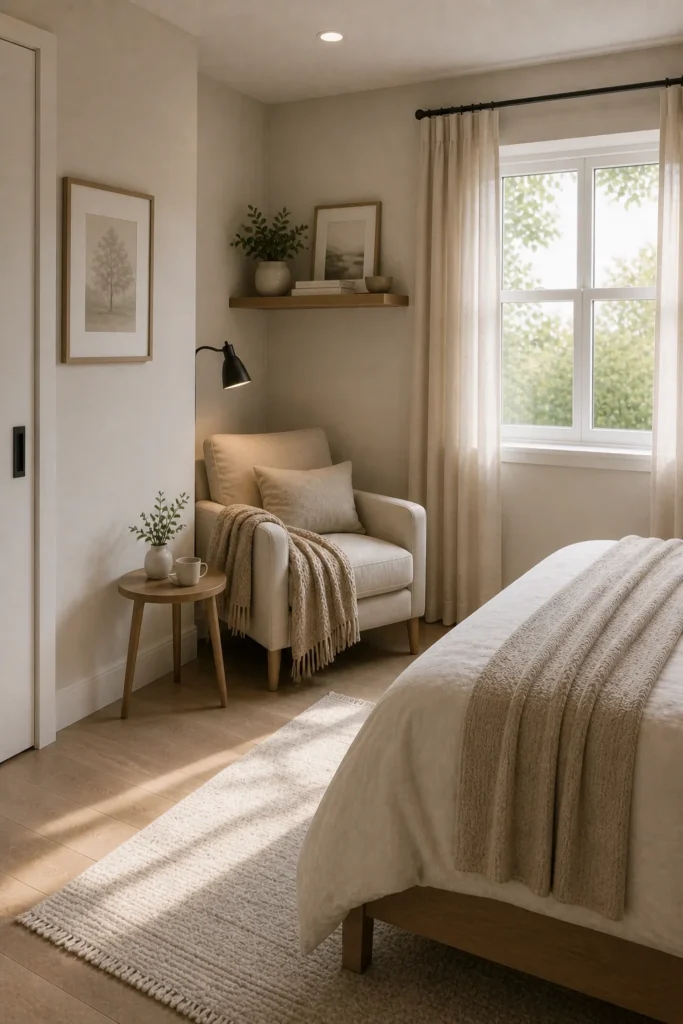Cozy reading nook created in an unused bedroom corner with smart small-space design ideas
