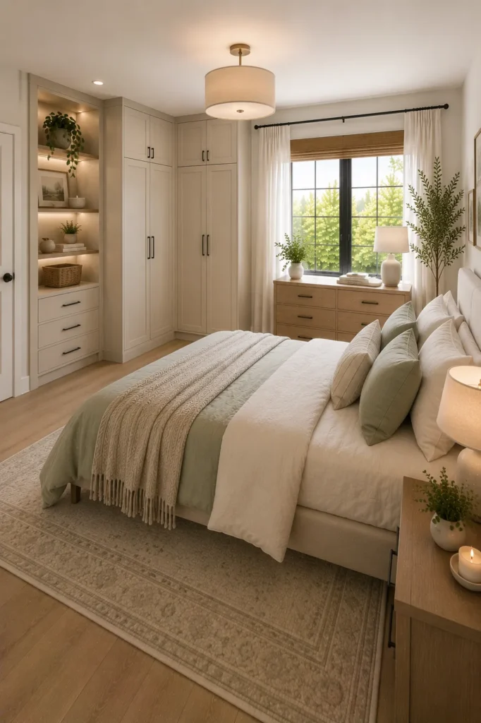 Small bedroom with a tall narrow dresser that provides ample storage while using minimal floor space
