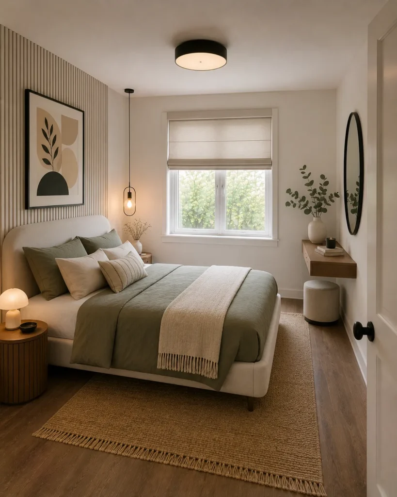 Compact bedroom with a smart corner desk layout that maximizes unused space while preserving room flow