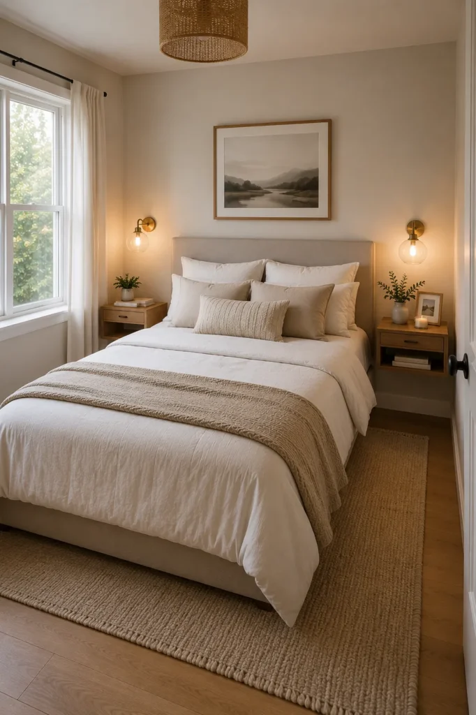 Modern small bedroom with floating nightstands that expose more floor space and create an airy uncluttered look