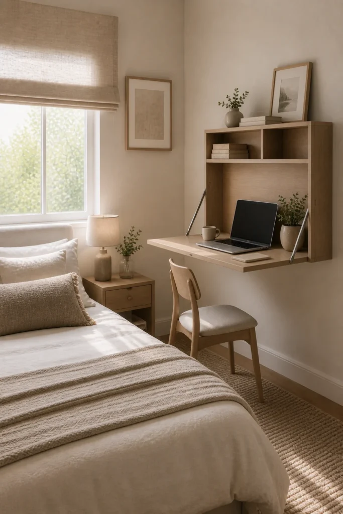 Compact bedroom workspace with a foldable wall desk perfect for small rooms and apartments