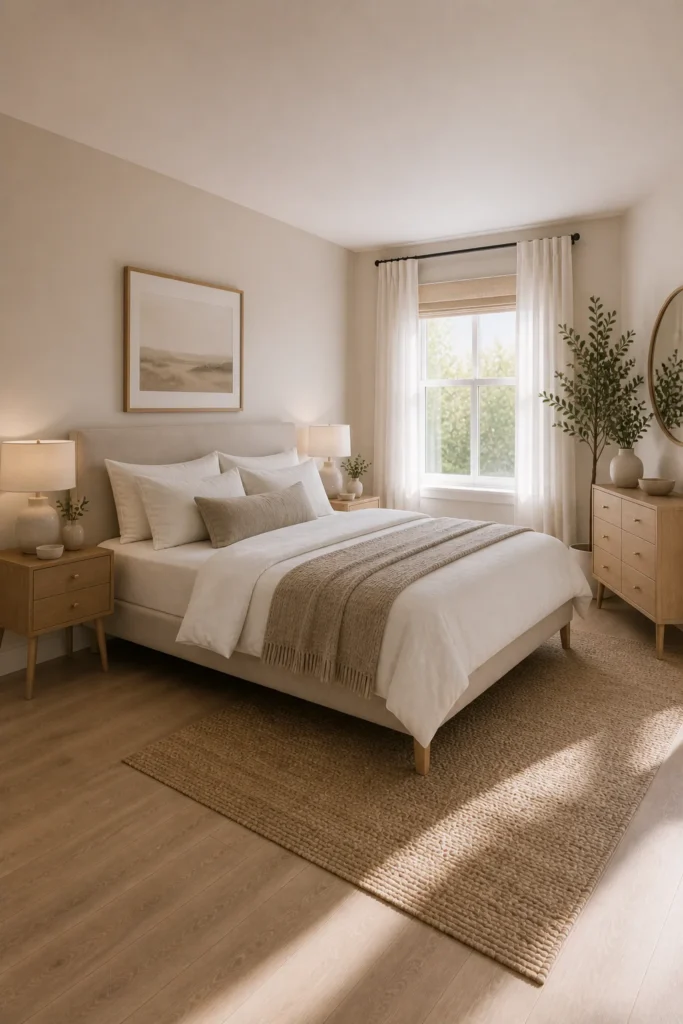 Small bedroom featuring furniture with exposed legs to create an open and airy visual effect