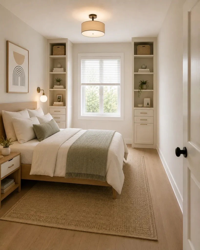 Small bedroom with a full vertical storage wall that maximizes organization while keeping the floor uncluttered