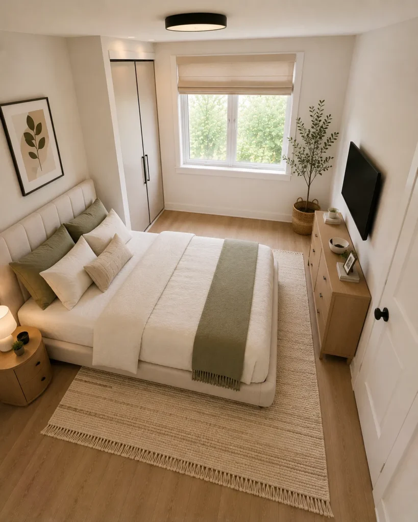 Small bedroom with a wall-mounted desk workspace that saves floor space while providing a functional work area