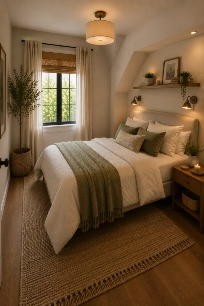 Minimal small bedroom layout with only essential furniture pieces for a clean open and spacious feel