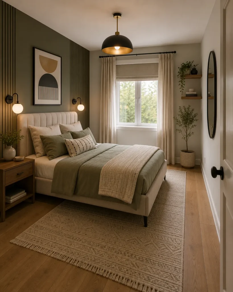Small bedroom with clear walking pathways around the bed and doorway for better flow and functionality