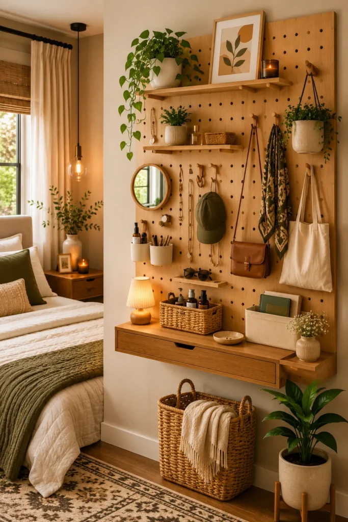 Modern bedroom pegboard wall system displaying accessories essentials and decorative storage solutions