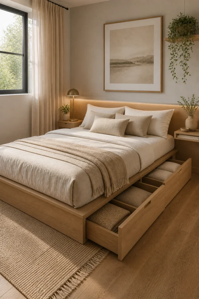 Small bedroom featuring a platform bed with hidden storage drawers that maximize space while keeping the room stylish and clutter-free