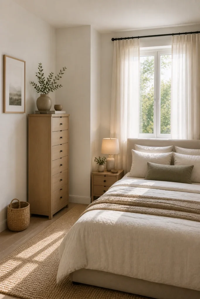 Small bedroom using a tall slim dresser to maximize storage while maintaining open walkways