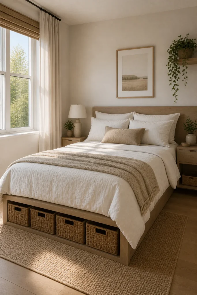 Smart under-bed storage baskets in a small bedroom providing extra organization without taking up floor space