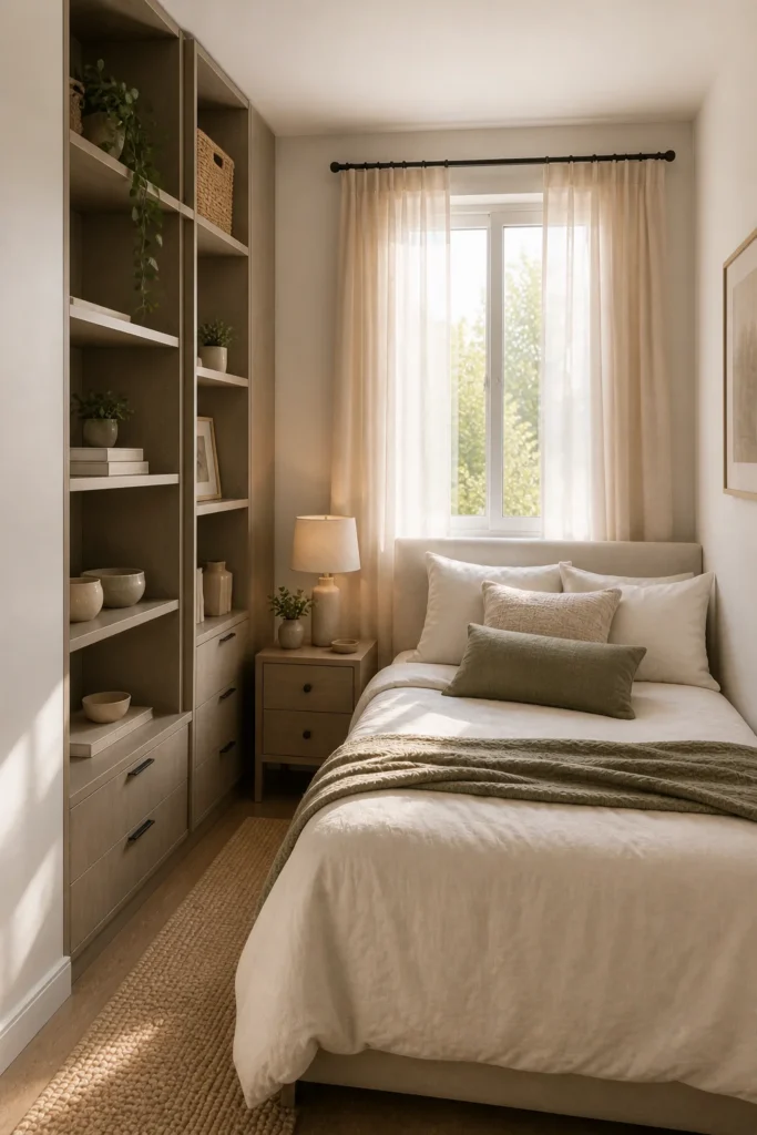 Compact bedroom with tall vertical shelving that adds storage while maximizing limited square footage