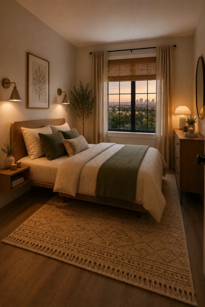 Small bedroom with wall sconces that free up nightstand space and create a cleaner more efficient layout